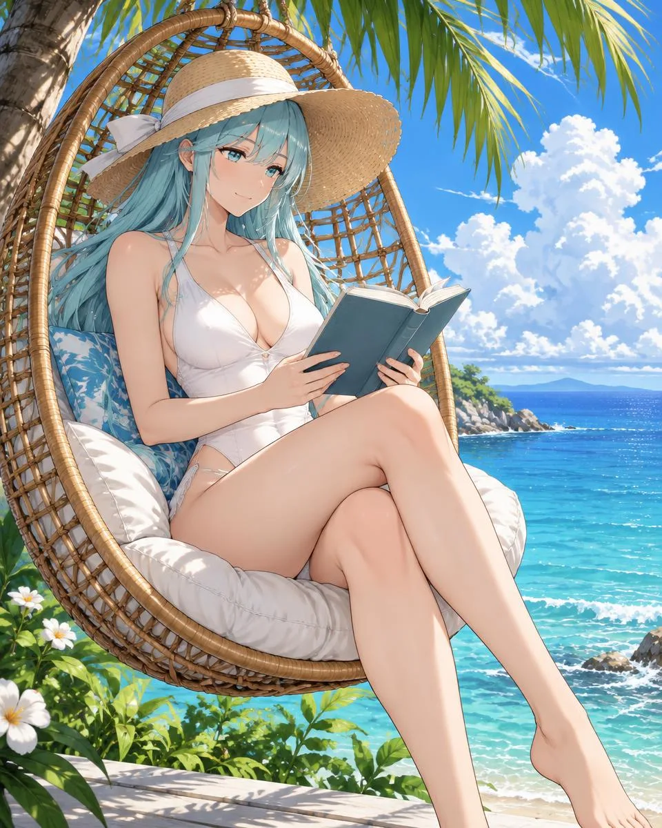 Aerinthe, an adult anime companion sitting in a hanging rattan chair under a palm, reading a book by the sea