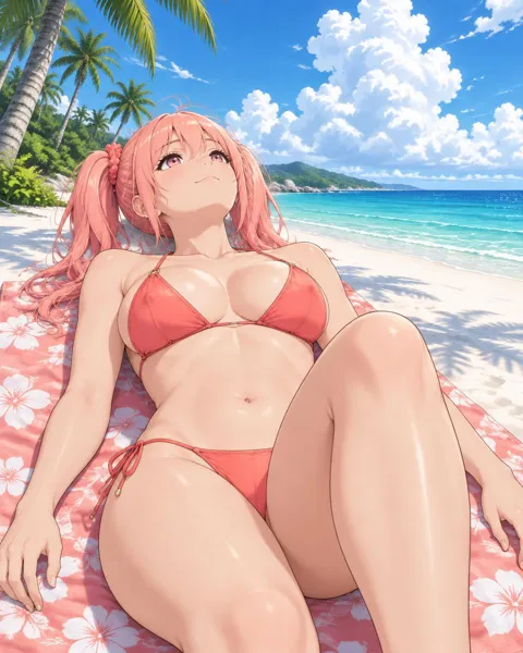 Cirrelia, an adult anime companion lying on her back on a flower towel watching clouds drift over the beach