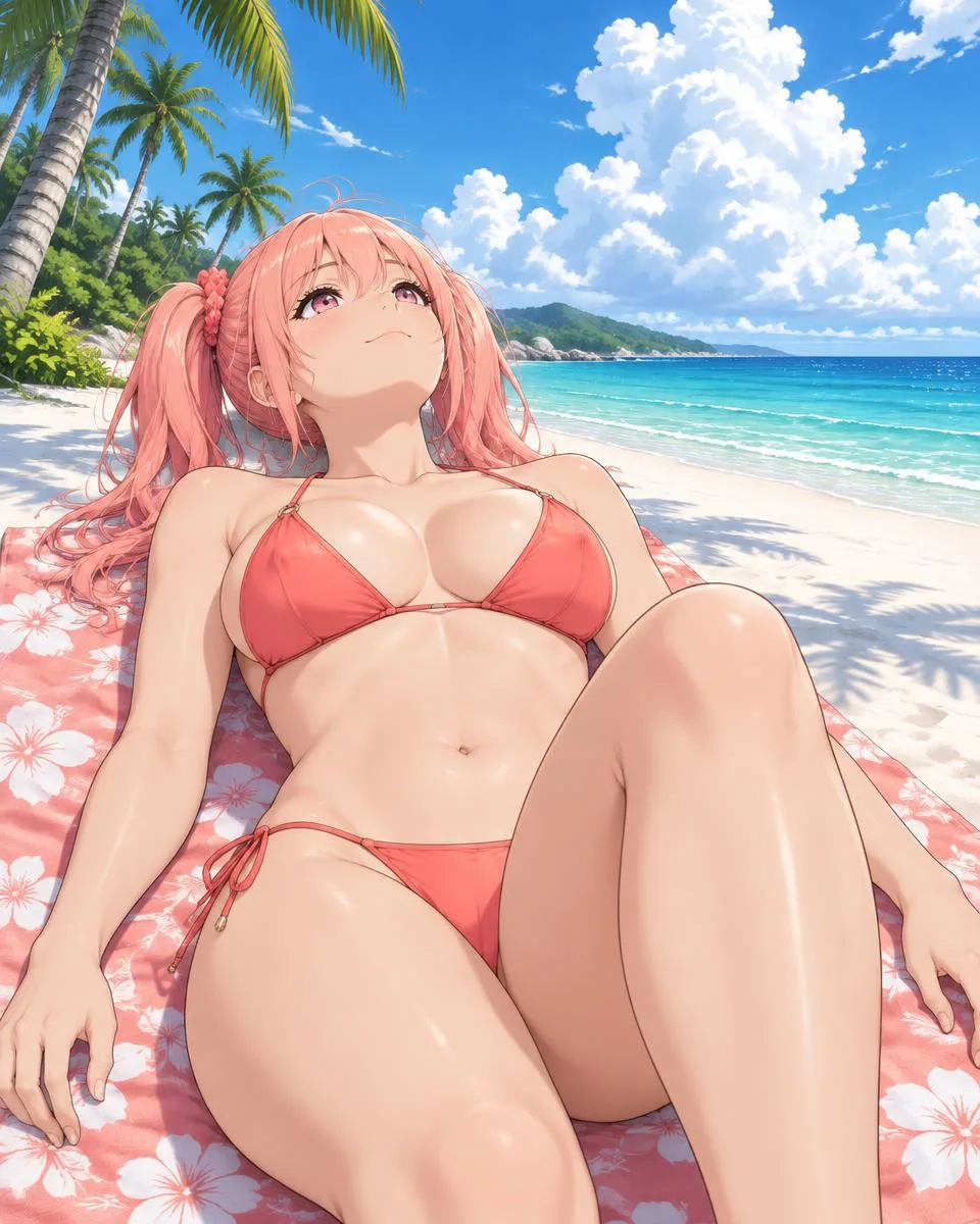 Cirrelia, an adult anime companion lying on her back on a flower towel watching clouds drift over the beach