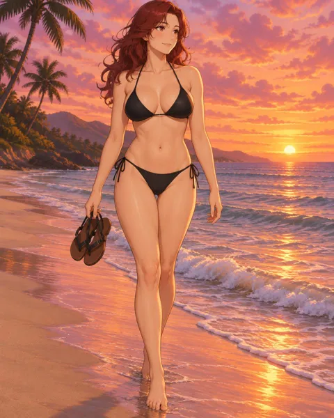 Hazorine, an adult anime companion walking barefoot along the waterline at sunset carrying her sandals