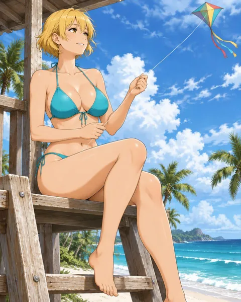 Stratova, an adult anime companion sitting on a wooden lookout tower flying a rainbow kite